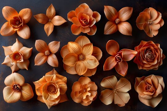 Collection of various orange flowers isolated on a transparent background 