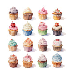 set of cupcakes on white bakground