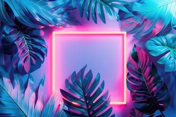 Color Light. Neon Nature: Fluorescent Tropical Leaves in Blue Glow. Abstract Green Leaf Background - obrazy, fototapety, plakaty