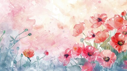 Flowers In The Garden. Pink Watercolor Illustration for Summer Floral Decor