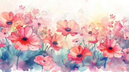 Garden Of Flowers. Watercolor Pink Floral Illustration for Summer Decorative Background