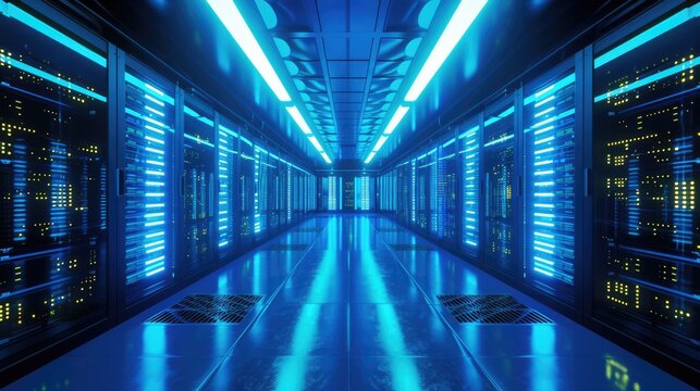 A parallel row of servers, adorned in electric blue, fills a technology-driven data center hallway with a symmetrical display of power and Azure technology. AIG41