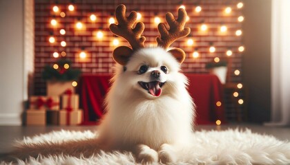 Pomeranian Dog in Reindeer Antlers Celebrates Christmas