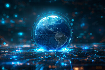 A globe map. Global map. worldwide social network. future. Earth on a blue, futuristic the background. technology and the internet. backdrop with a graphic floating blue plexus.