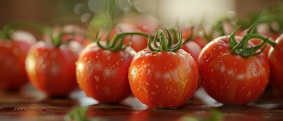 Close-up of fresh tomatoes with water droplets, highlighting their vibrant red color and juiciness.