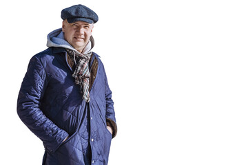 Portrait of smiling mature man standing on white background. -