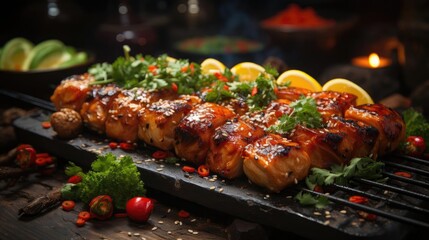 Delicious grilled yakitori with vegetable toppings, blur background