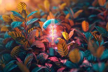 3d, Green plants covering a lightbulb positioned against a colorful background. - obrazy, fototapety, plakaty