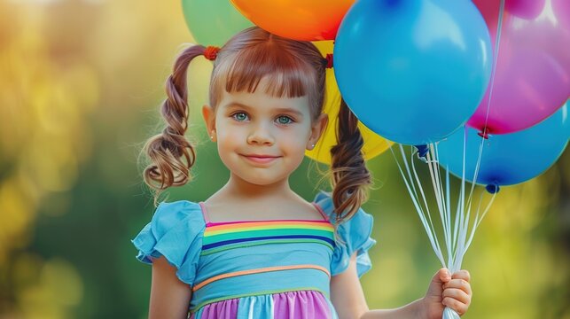 An adorable girl with pigtails holding a bunch of colorful balloons