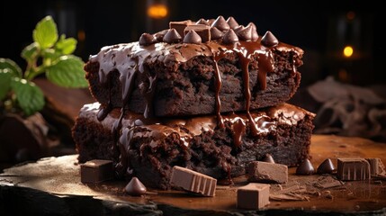 chocolate brownies filled with melted sweet chocolate on black background and blur