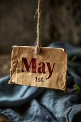 Vintage paper tag with the date May 1st hanging on a rope against a wooden background