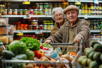 An elderly couple selecting fresh produce and canned goods, their shopping cart brimming with food products - obrazy, fototapety, plakaty