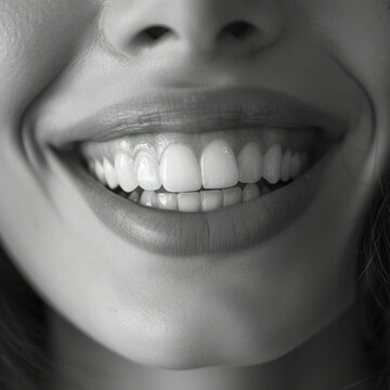 Beautiful smiling young woman with healthy white teeth cleaning isolated, black and white photos