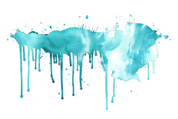 Turquoise dripping watercolor paint stain on white background.