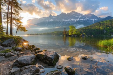 Nature Picture. Breathtaking Sunrise over Zugspitze Mountain Range at Eibsee Lake - obrazy, fototapety, plakaty