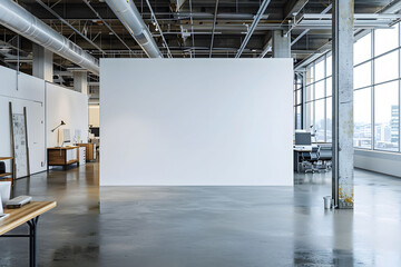 Modern office interior with a white wall mockup and concrete floor. Open space office interior with mock up wall.