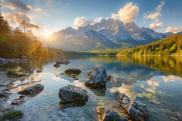Nature Picture. Breathtaking Sunrise on Eibsee Lake with Zugspitze Mountain Range. Beauty of Alpine Resort in German Alps - obrazy, fototapety, plakaty