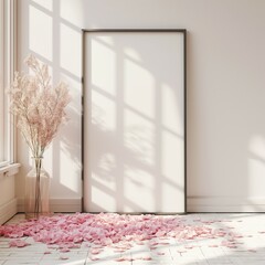 Frame mockup design. Home interior with cherry blossom leaves on the floor. Close-up, 3D render.