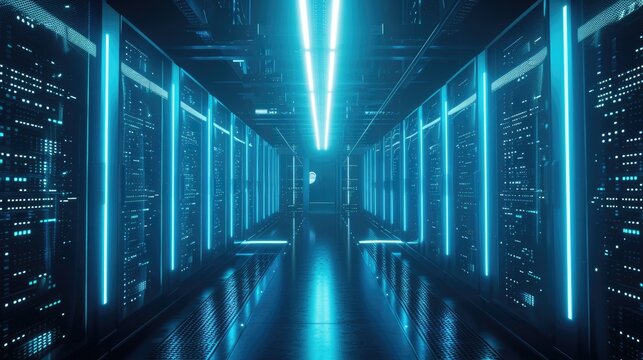 A parallel row of servers, adorned in electric blue, fills a technology-driven data center hallway with a symmetrical display of power and Azure technology. AIG41