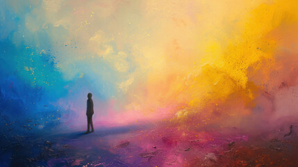 Colorful paint art color splash with an alone person background, Feeling of loneliness and loneliness