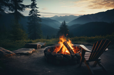 Camping with a fire pit near a serenity and tranquility mountain retreat, adventure travel experience - obrazy, fototapety, plakaty