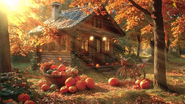 Lose yourself in the tranquility of autumn as you behold a classic stacked house embraced by piles of wood, depicted in this enchanting 4k looping video.