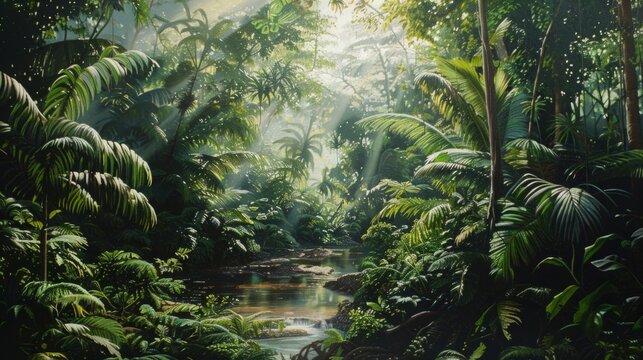 Sunlight Filtering Through Trees in Jungle Painting