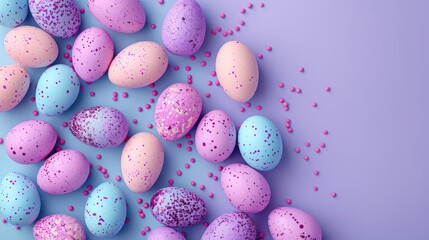 A colorful Easter egg pattern fills the frame, with pink and blue eggs scattered across the image