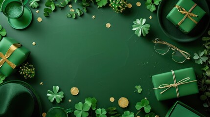 A green leprechaun hat is sitting on a patch of clovers , surrounded by gold coins and shamrocks