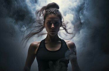 Determined sporty woman athlete with a dark background in sports fitness training concept