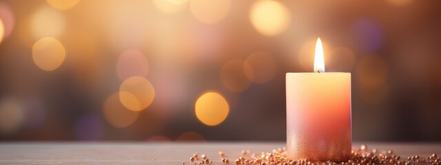 Burning candles on a dark background with bokeh, A decorative scented candle casting a warm glow with confetti burst