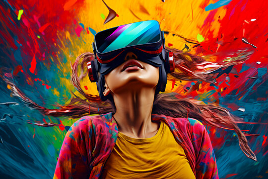 Woman experiencing vibrant virtual reality, merging art and futuristic technology