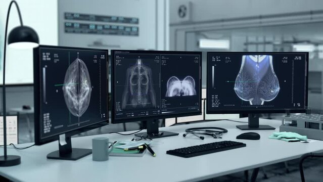 Analysis system examining the female chest before surgical treatment. Analysing the woman patients breast for surgical treatment. Analysis found cancer cells in the breast requiring surgical treatment