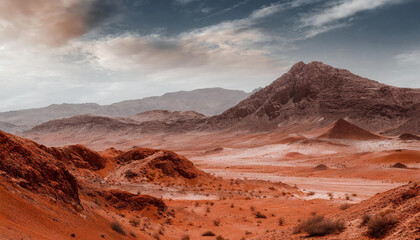 Fototapeta na wymiar Landscape of desert with mountains on red planet Mars. Orange sand and gray sky