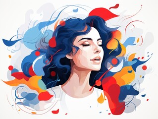 A woman with long blue hair is shown in a colorful background