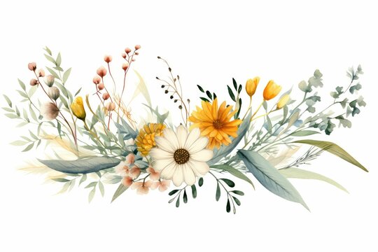 watercolor of wildflower clipart featuring a mix of colorful blooms and greenery. flowers frame,botanical border.