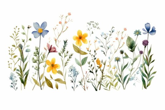 watercolor of wildflower clipart featuring a mix of colorful blooms and greenery. flowers frame,botanical border.