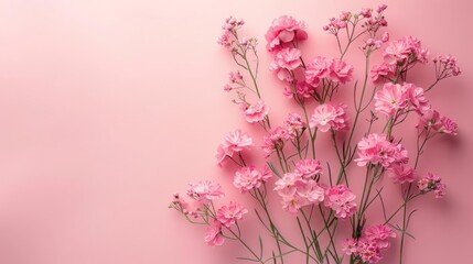 A Pink carnation flowers are arranged in a bunch on a pink background