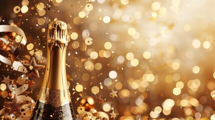 A bottle of champagne is popping out of a cork surrounded by confetti and streamers