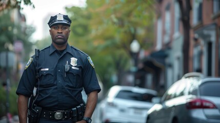 A police officer patrolling the streets in a urban area.  - obrazy, fototapety, plakaty
