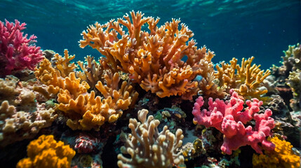 Fototapeta na wymiar Diving shot picturesque seascape of an underwater fantastic coral reef with colorful tropical fish. Beautiful living coral gardens and lots of fish swim and feed in the clear transparent blue sea.