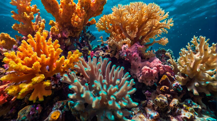 Fototapeta na wymiar Diving shot picturesque seascape of an underwater fantastic coral reef with colorful tropical fish. Beautiful living coral gardens and lots of fish swim and feed in the clear transparent blue sea.
