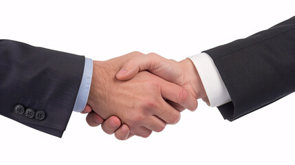 close up of a business and casual handshake on a white background 