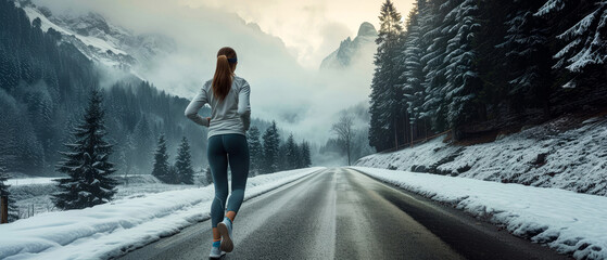 Beautiful young female, woman, girl in sportswear, running on the road on the mountain landscape....