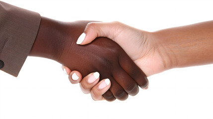 close up of a business and casual handshake on a white background 