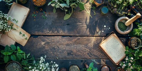 Herbalist table with plants and ancient books on natural medicine - obrazy, fototapety, plakaty