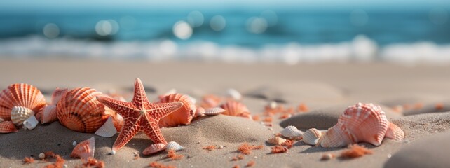 Sea shell and starfish on a background of pastel colors