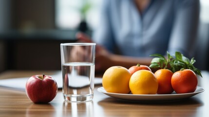Close-up of fresh fruit and glass of water on desk with blurred nutritionist in background