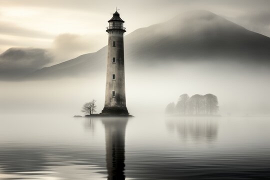 A lighthouse stands tall and steady amidst the swirling fog, casting its guiding light across the lonely sea.The concept of loneliness and hope is depicted through this striking image.