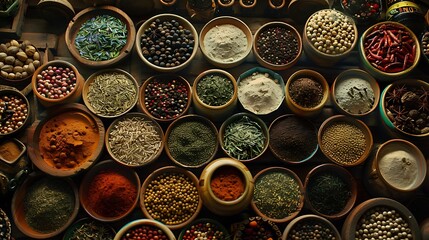 colorful mix of herb and spice varieties: curry, coriander, turmeric, cumin, paprika, pepper, mustard, salt, cardamon, oregano, saffron, cinnamon; food ingridients 